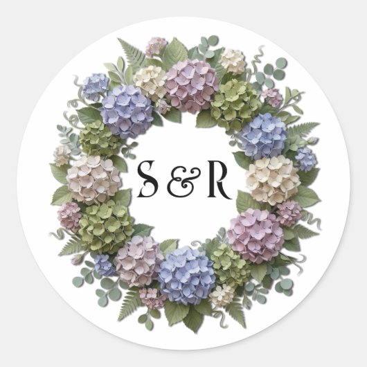 Hydrangea Monogram Krans Bruiloft Ronde Sticker (Voorkant)
