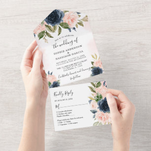 Hydrangea Navy Blue en Blush Pink Floral Wedding All In One Uitnodiging