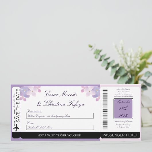 Hydrangea Paars boarding Pass Weduwen Uitnodiging (Staand voorkant)