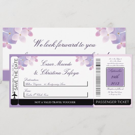 Hydrangea Paars boarding Pass Weduwen Uitnodiging (Voorkant / Achterkant)