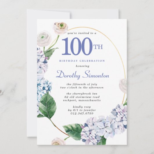 Hydrangea Roos 100e verjaardag Kaart (Voorkant)