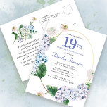 Hydrangea Roos 19e Verjaardag Zomeruitnodiging Briefkaart<br><div class="desc">Blauwe hydrangebloemen en bloemen met blozen rozen versieren een gouden ovale lijst. Een open en airy modern botanisch.</div>