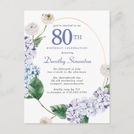 Hydrangea Roos 80e Verjaardag Zomeruitnodiging Briefkaart (Voorkant)