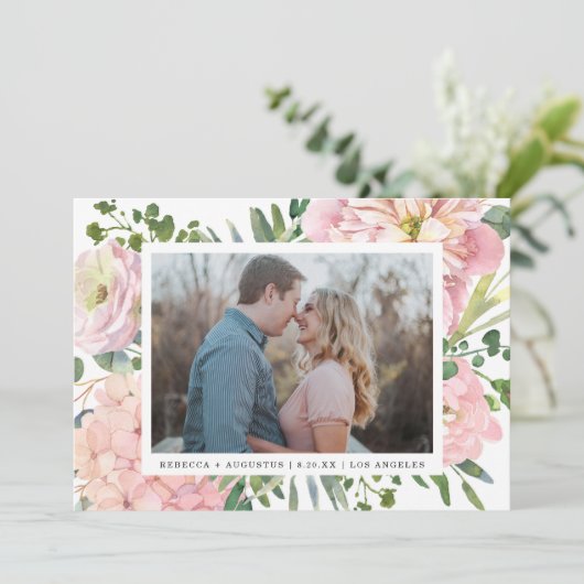 Hydrangea Roos Roze Waterverf Bloemen Foto Save The Date (Staand voorkant)