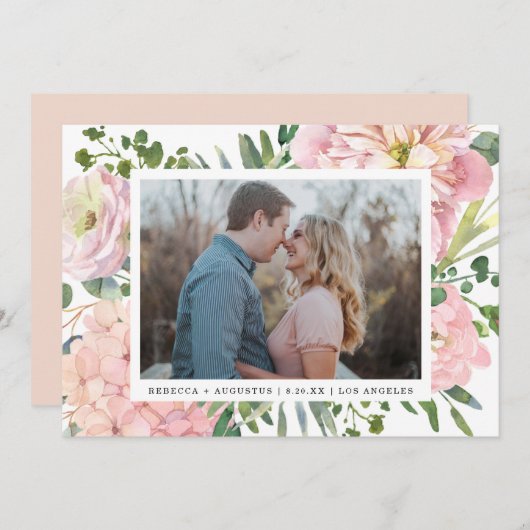 Hydrangea Roos Roze Waterverf Bloemen Foto Save The Date (Voorkant / Achterkant)