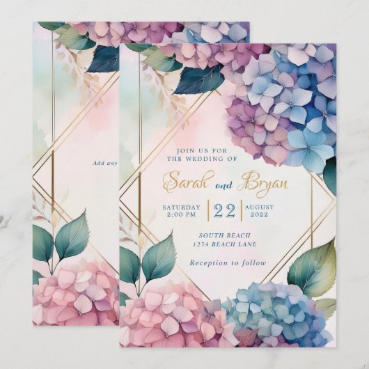 Hydrangea Roze Blauw Bloemen Huwelijksuitnodiging Kaart (Voorkant / Achterkant)