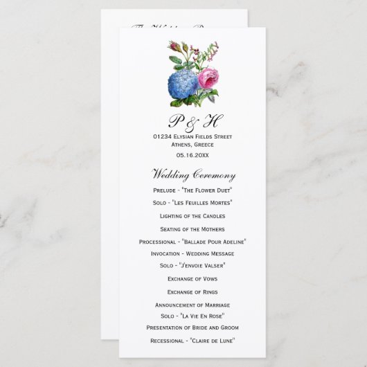 Hydrangea Rozen Bloemen Trouwprogramma's Programmakaart (Voorkant / Achterkant)