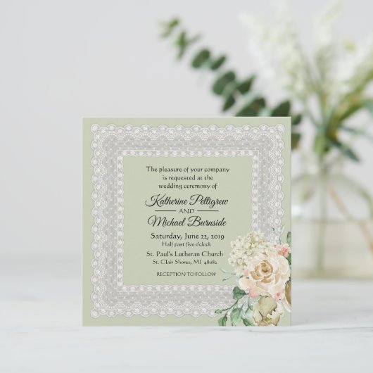 Hydrangea Rozen Floral Lace Sage Green Wedding Kaart (Staand voorkant)
