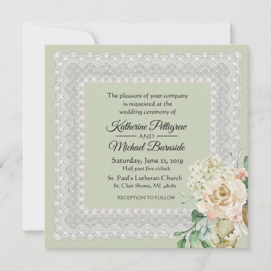 Hydrangea Rozen Floral Lace Sage Green Wedding Kaart (Voorkant)