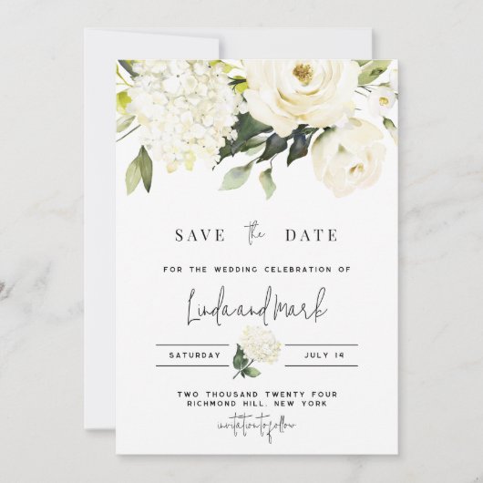 Hydrangea Save the Date Sjabloon, witte rozen Kaart (Voorkant)