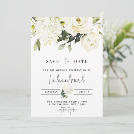 Hydrangea Save the Date Sjabloon, witte rozen Kaart (Staand voorkant)
