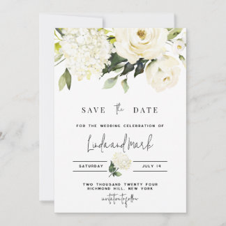 Hydrangea Save the Date Sjabloon, witte rozen Kaart