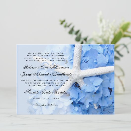Hydrangea Starfish Parents Names Wedding Invite Kaart (Staand voorkant)