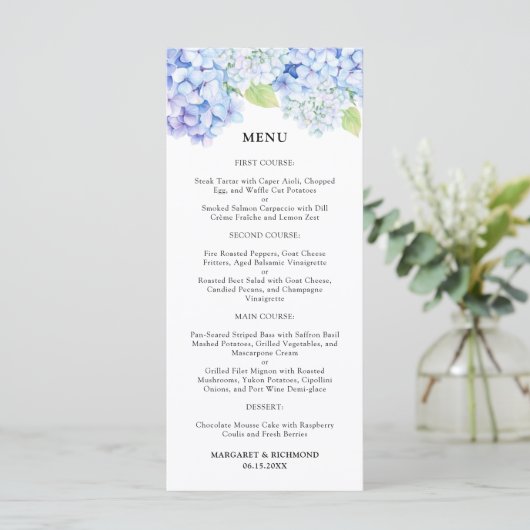 Hydrangea Stof Blauwe Bloem Bruiloftsmenu Menu (Staand voorkant)