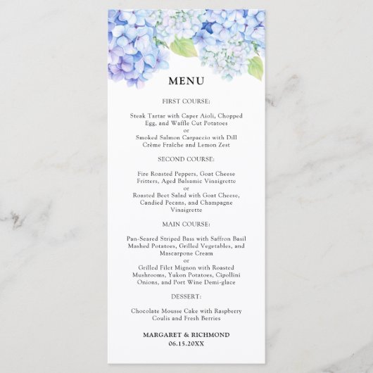 Hydrangea Stof Blauwe Bloem Bruiloftsmenu Menu (Voorkant)