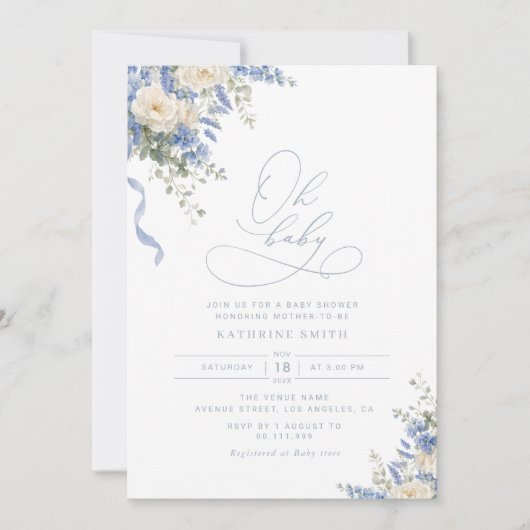 Hydrangea Stofblauw baby shower uitnodiging (Voorkant)