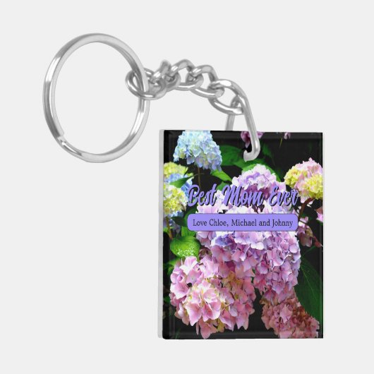 Hydrangea tuinroze blauw paarse floremgeschenk sleutelhanger (Voorkant Links)