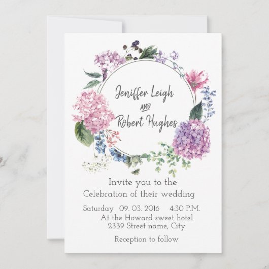 Hydrangea ultra violette bloem krans bruiloft kaart (Voorkant)