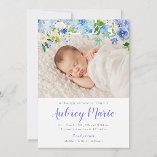 Hydrangea Waterverf Bloemen Meisje Foto Geboorte Aankondiging (Voorkant)