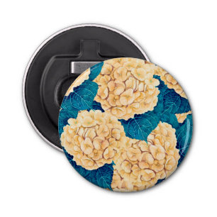 Hydrangea waterverf patroon, geel en blauw button flesopener