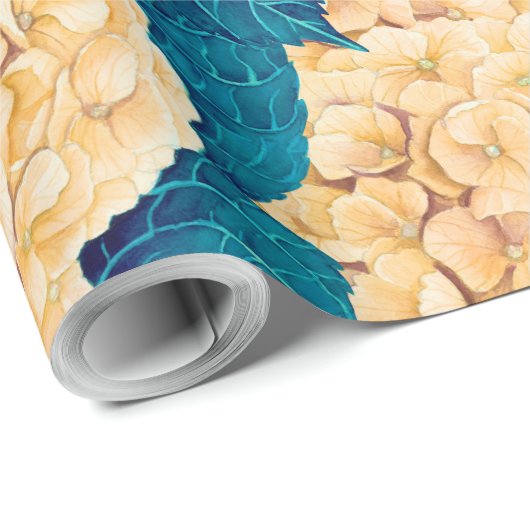 Hydrangea waterverf patroon, geel en blauw cadeaupapier (Rol Hoek)
