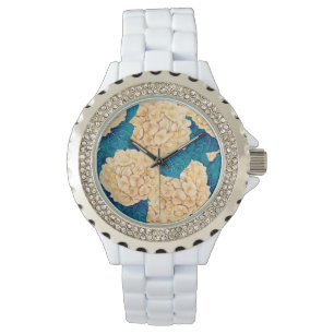Hydrangea waterverf patroon, geel en blauw horloge