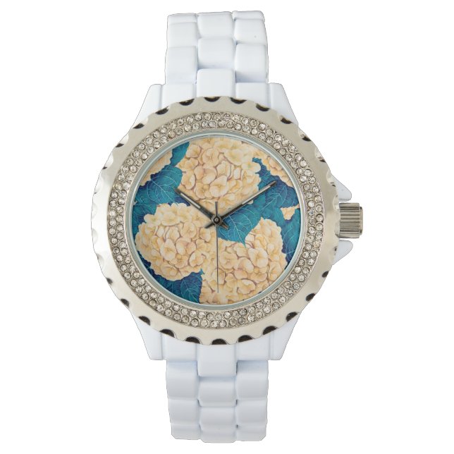 Hydrangea waterverf patroon, geel en blauw horloge (Voorkant)