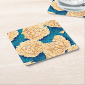 Hydrangea waterverf patroon, geel en blauw kartonnen onderzetters (Schuin)