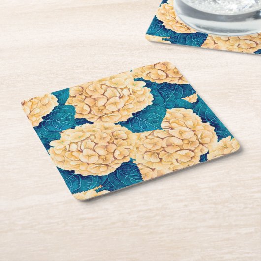 Hydrangea waterverf patroon, geel en blauw kartonnen onderzetters (Schuin)
