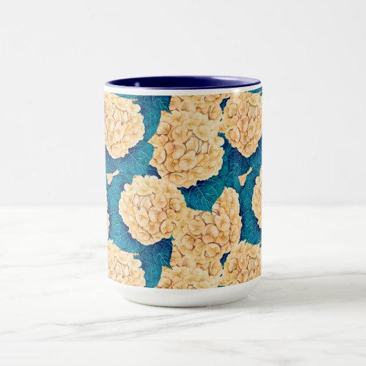 Hydrangea waterverf patroon, geel en blauw mok (Midden)