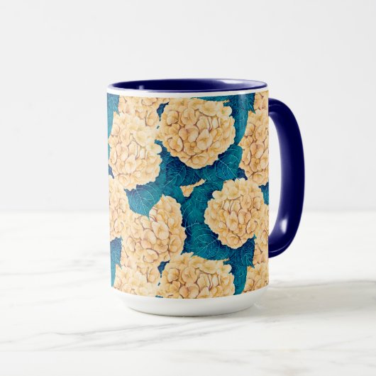 Hydrangea waterverf patroon, geel en blauw mok (Voorkant rechts)