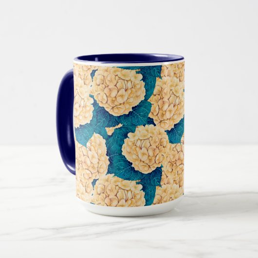 Hydrangea waterverf patroon, geel en blauw mok (Voorkant links)