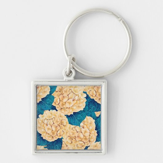 Hydrangea waterverf patroon, geel en blauw sleutelhanger (Voorkant)