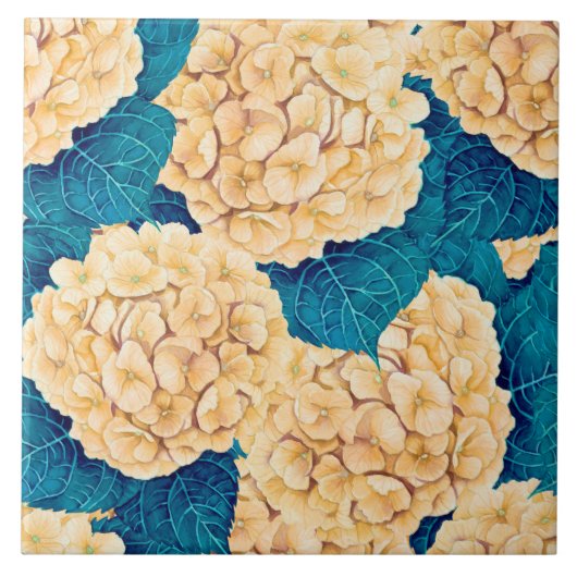 Hydrangea waterverf patroon, geel en blauw tegeltje (Voorkant)