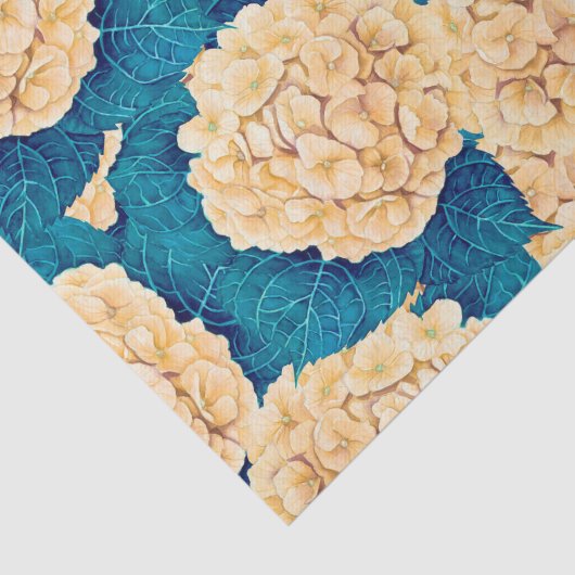 Hydrangea waterverf patroon, geel en blauw tissuepapier (Detail)