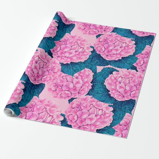 Hydrangea waterverf patroon, roze en blauw cadeaupapier (Uitgerold)