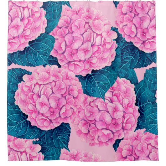 Hydrangea waterverf patroon, roze en blauw douchegordijn (Voorkant)