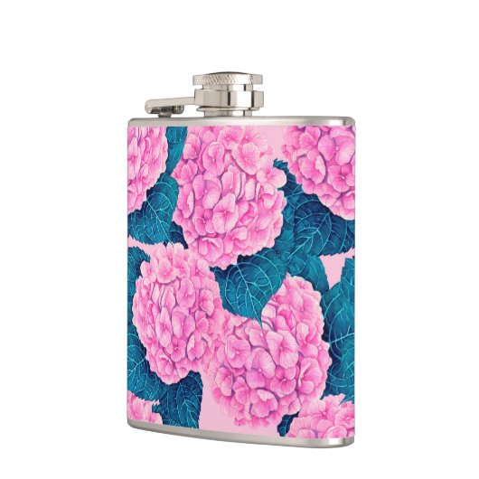 Hydrangea waterverf patroon, roze en blauw heupfles (Links)