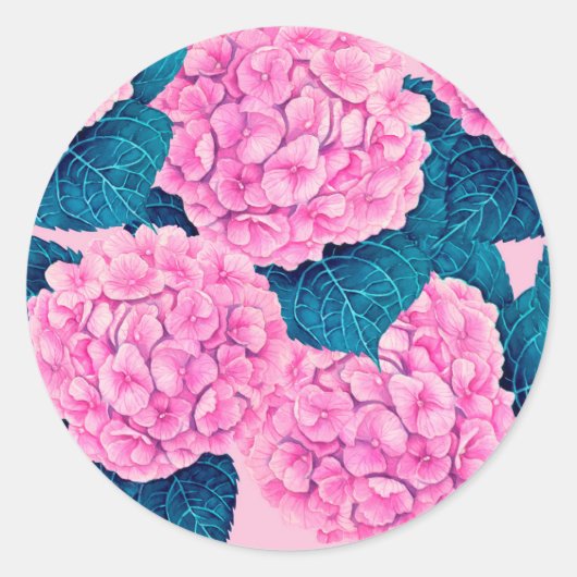 Hydrangea waterverf patroon, roze en blauw ronde sticker (Voorkant)