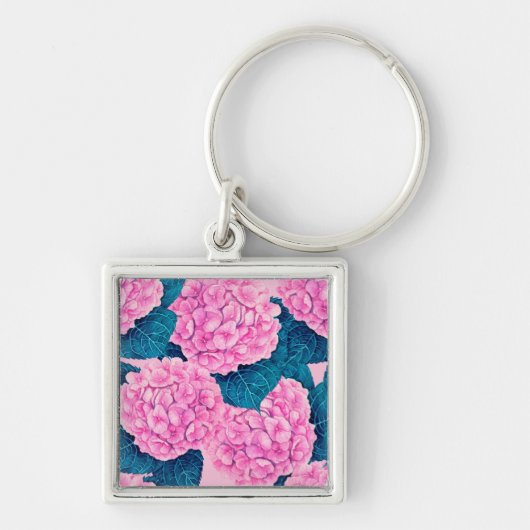 Hydrangea waterverf patroon, roze en blauw sleutelhanger (Voorkant)