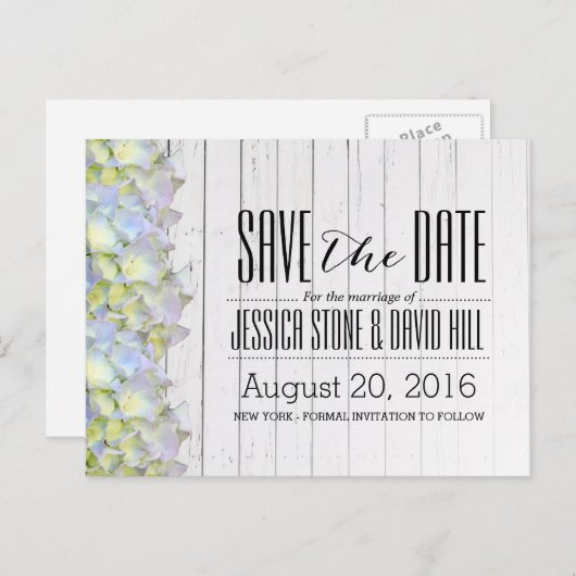 Hydrangea Weathered Wood Wedding Save the Date Aankondigingskaart (Voorkant / Achterkant)