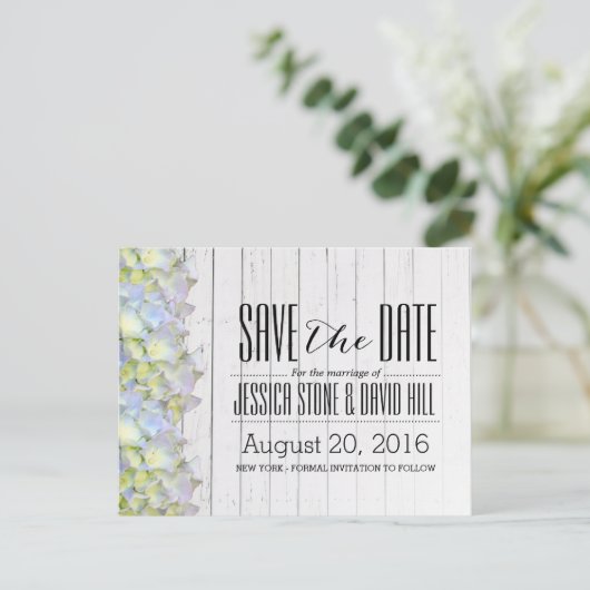 Hydrangea Weathered Wood Wedding Save the Date Aankondigingskaart (Staand voorkant)