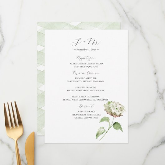 Hydrangea Wedding Table Decor | Menu (Voorkant / Achterkant in situ)