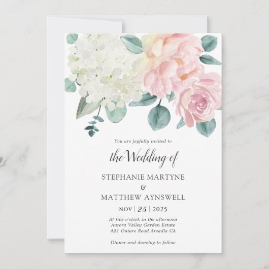 Hydrangea White Elegant Dusty Roos Peony Wedding Kaart (Voorkant)