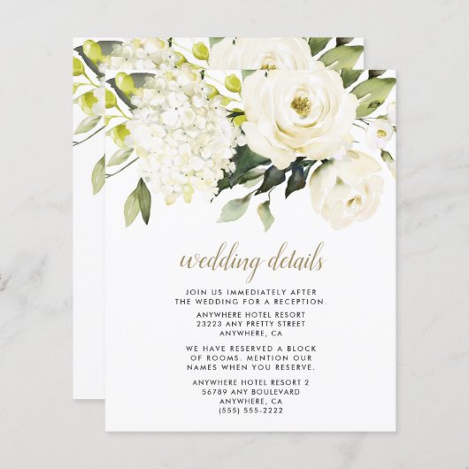 Hydrangea White Gold Floral Wedding Enclosure Kaar (Voorkant / Achterkant)