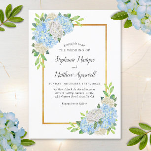 Hydrangea White Rose Gold Waterverf Wedding Kaart