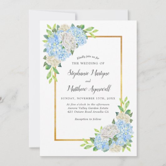 Hydrangea White Rose Gold Waterverf Wedding Kaart (Voorkant)
