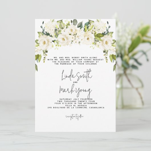 Hydrangea, witte bloemen, bruiloft uitnodiging (Staand voorkant)