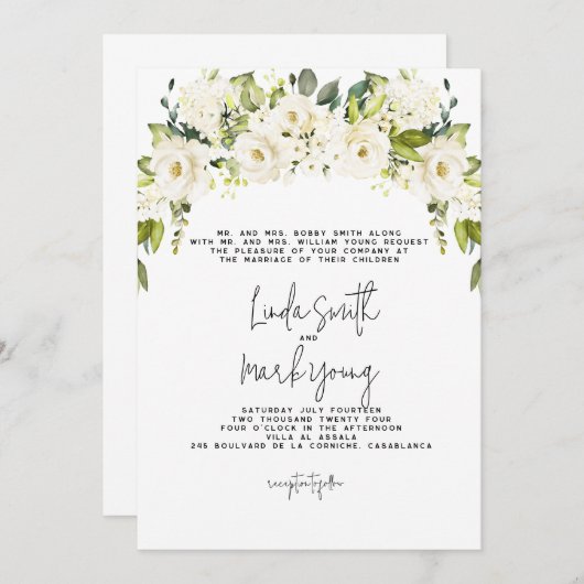 Hydrangea, witte bloemen, bruiloft uitnodiging (Voorkant / Achterkant)