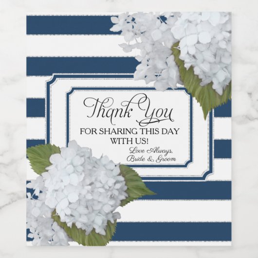 Hydrangea Witte Bloemen Moderne Elegante Navy Stri Wijn Etiket (Enkel label)